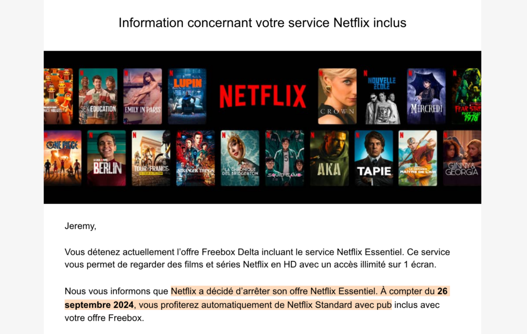 Capture d'écran d'un e-mail de Netflix, pour expliquer que l'abonnement de base incluera maintenant de la pub.