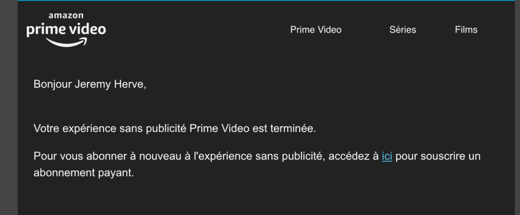 Capture d'écran d'un e-mail d'Amazon Prime Video, pour expliquer que l'abonnement de base incluera maintenant de la pub.