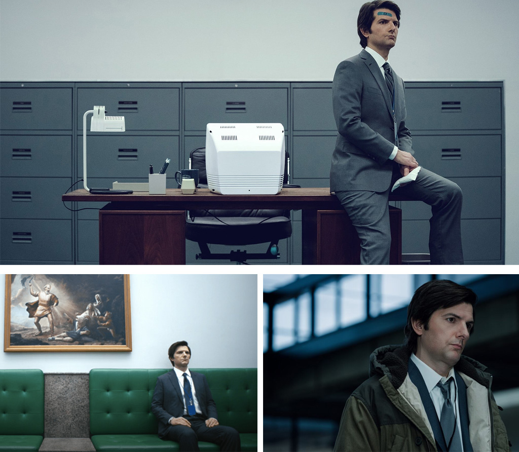3 pictures of Mark S., main protagonist of the TV show Severance. He seems to be waiting for something, similarly to the "Sad Pablo Escobar" meme format.