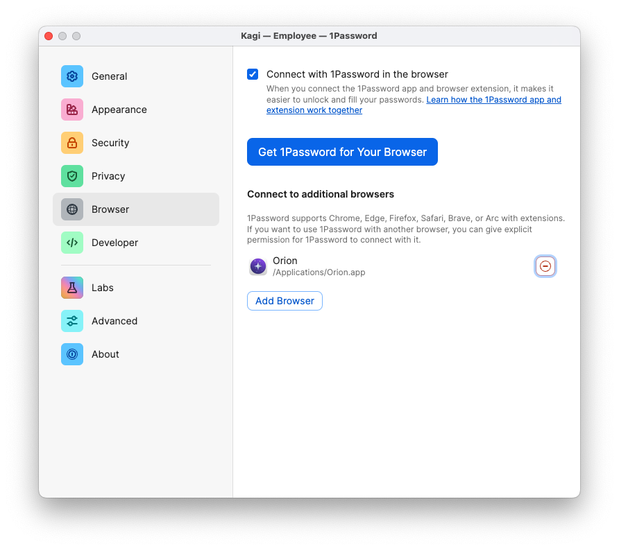 Screenshot of 1Password's "Browser" settings