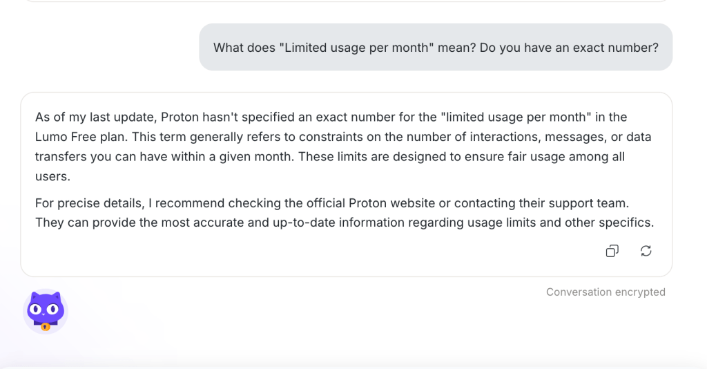 Screenshot of a chat with Lumo ; it will not reveal the exact limits of the different Lumo plans
