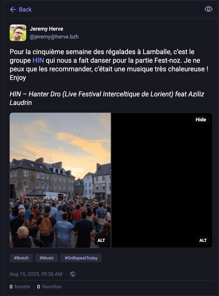 Screenshot of the Mastodon web UI. It shows a gallery of 2 images. The second image is all black. It is in fact an audio file that Mastodon doesn't know how to display.