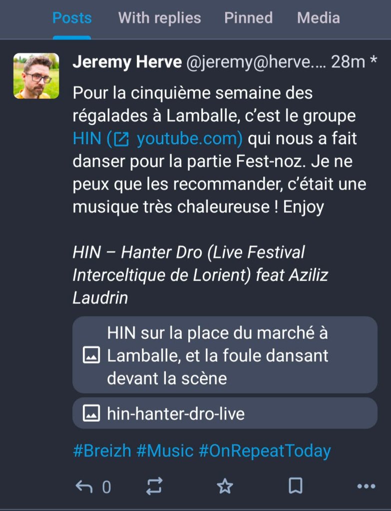 A screenshot of the same post in the Tusky app. No media preview appears, but you can view the image and listen to the audio file by tapping on the media name.